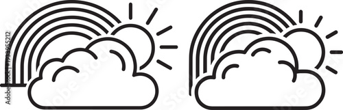 Rainbow with Sun and Clouds Icons - Weather Forecast or Happy Sky Symbol - Simple Black and White Outline Vector for Nature and Meteorology
