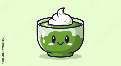 Cute Matcha Tea Cup Character with Whipped Cream