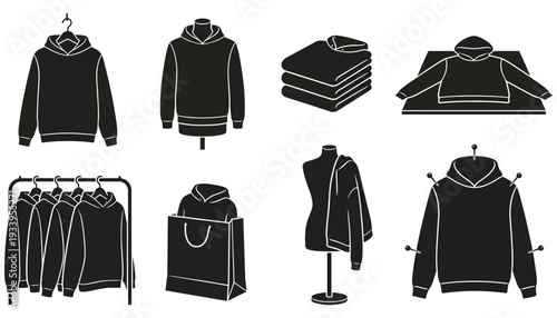 Black Hoodie Display Presentation Set Silhouette Vector — Clothing Retail Hanger Mannequin Collection Clipart