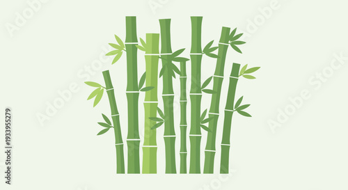 Green Bamboo Stalks with Leaves on Light Green Background