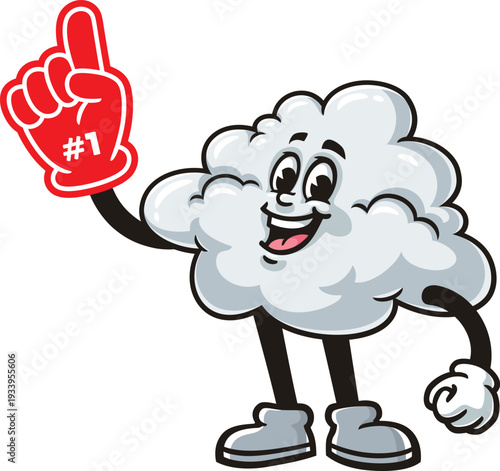 Cloud mascot cartoon holding a giant foam finger
