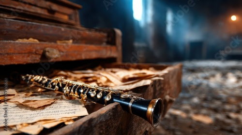 An elegant old clarinet resting among aged paperwork in a dusty wooden chest, symbolizing nostalgia and the beauty of forgotten musical treasures waiting to be rediscovered.