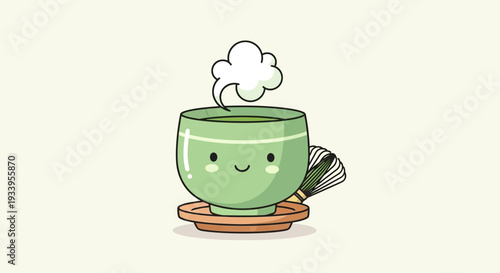 Cute Kawaii Matcha Tea Cup with Whisk and Steam