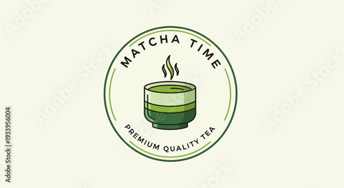 Matcha Time Premium Quality Tea Logo with Steaming Cup