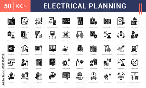 Electrical Planning Icon Set. Electrical Plan, Electrical Permit, Site Survey, Electrical Load Calculation, Circuit Mapping and more. Glyph Style vector icons collection.