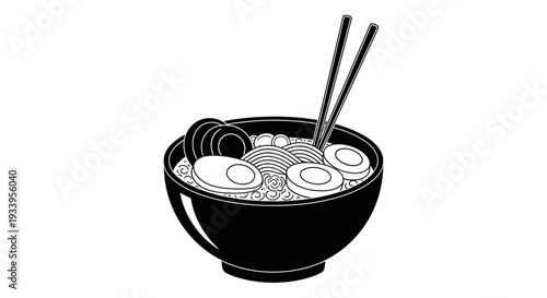 Ramen Bowl with Chopsticks - Black and White Illustration