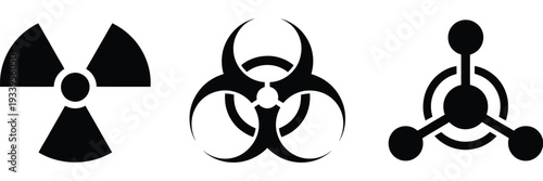 Set of radiation, biological, and chemical hazard icons, featuring warning symbols, safety signs, and vector illustrations for industrial, laboratory, and safety design projects.