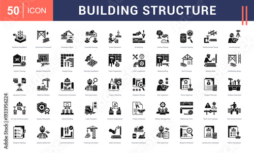 Building Structure Icon Set. Building Foundation, Structural Framework, Excavation Work, Concrete Pouring, Crane Operation and more. Glyph Style vector icons collection.