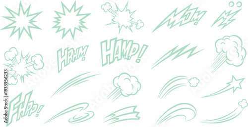 Dynamic Comic Book Action and Sound Effects Collection. Hand-Drawn Light Green Doodle Elements with Speed Lines, Explosions, and Onomatopoeia like "Hmph" and "Wham".