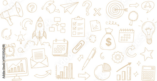 Beige Business, Marketing, and Success Doodle Background. Hand-Drawn Pattern with Startup, Analytics, and Financial Icons for Innovation and Growth Concepts.
