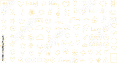 Vast collection of golden hand-drawn doodle elements, icons, and words for creative journaling and design projects.
