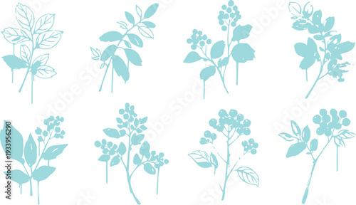 Collection of light blue silhouette illustrations of botanical leaves and branches on a white background.