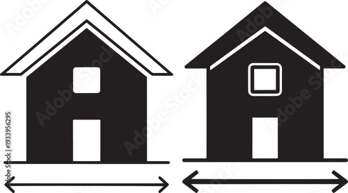 House Icons with Measurement Arrows for Real Estate, Property Valuation, Home Dimensions, and Architectural Planning