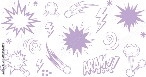 Purple comic book explosion elements and sound effects. ARAM, Booms, Zap, Swirls. Hand-drawn doodles for graphic design.