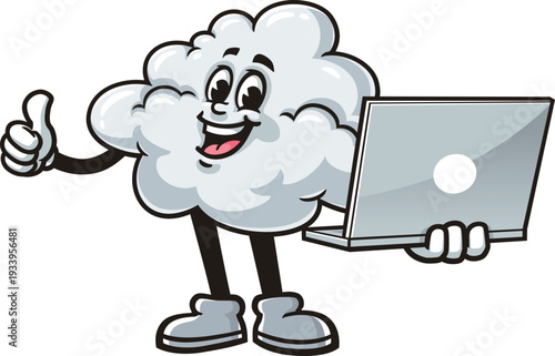 Cloud mascot cartoon holding a laptop