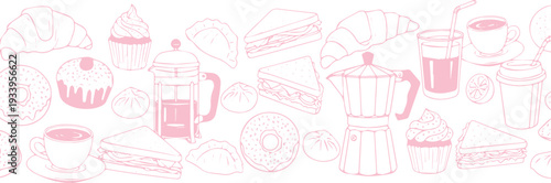 Charming pink hand-drawn pattern of breakfast and coffee shop treats, including croissants, donuts, and sandwiches