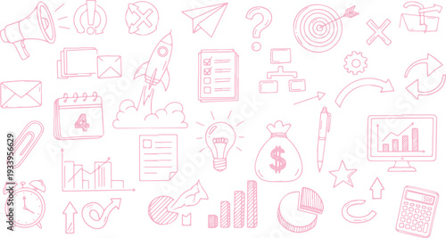 Pink business and finance doodle icons, featuring rocket ship, light bulb, and growth charts for startups