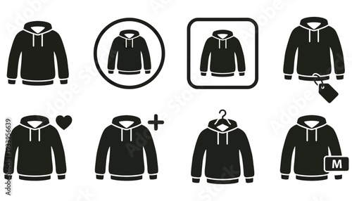 Black Hoodie Icon Symbol Set Silhouette Vector — Clothing Fashion Pictogram UI Collection Clipart