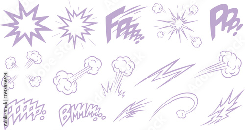 Dynamic Purple Comic Book Sound Effects and Action Elements, Including Explosions, Zaps, and Speech Bubbles. Energetic Visuals for Impact.