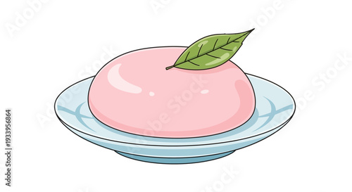 Pink mochi dessert with green leaf on plate