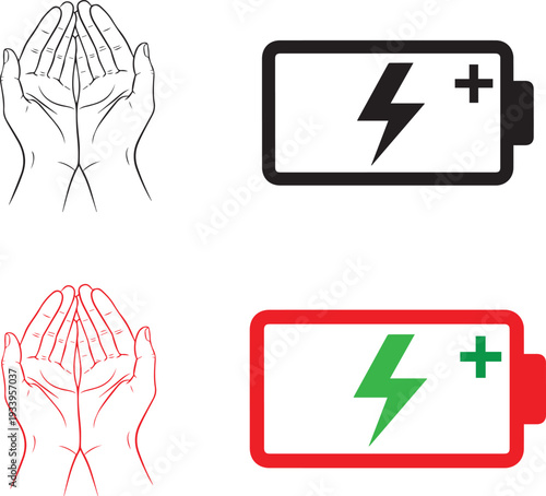 An illustration showing hands in a prayer-like position alongside battery icons with different charge levels
