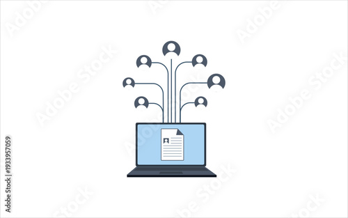 Online recruitment, digital recruitment process, talent acquisition, and professional networking concept. Resume document displayed on laptop. Flat illustrator vector file. High quality image