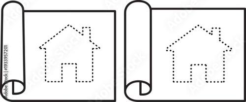 Architectural Blueprint Scroll with Dotted House Outline Icon for Home Design, Construction Plans, and Development Projects