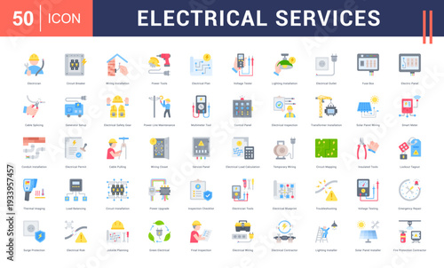 Electrical Services Icon Set. Electrician, Circuit Breaker, Wiring Installation, Power Tools, Electrical Plan and more. Flat style vector icons collection.