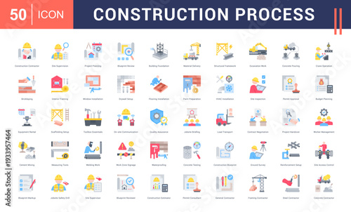 Construction Process Icon Set. Construction Contractor, Site Supervision, Project Planning, Blueprint Review, Building Foundation and more. Flat style vector icons collection.