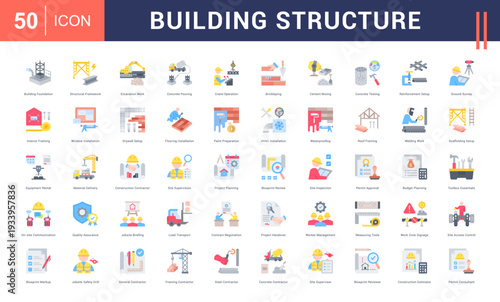 Building Structure Icon Set. Building Foundation, Structural Framework, Excavation Work, Concrete Pouring, Crane Operation and more. Flat style vector icons collection.