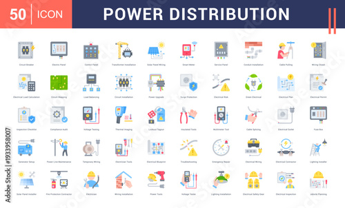 Power Distribution Icon Set. Circuit Breaker, Electric Panel, Control Panel, Transformer Installation, Solar Panel Wiring and more. Flat style vector icons collection.