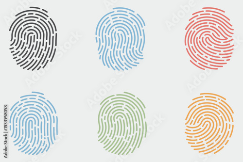 Set of six fingerprint icons in multiple colors, showcasing biometric authentication, digital identity verification, cybersecurity, and technology-focused vector illustrations for UI and app design.