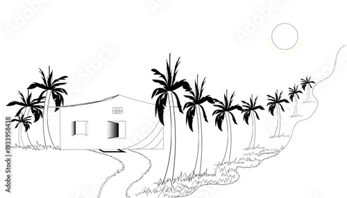 Relaxing beach scene with palm tree and cottage tropical island illustration calm environment aesthetic view tranquility