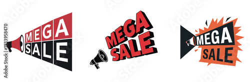 Mega sale banner set with megaphone and 3D typography for promotion and marketing