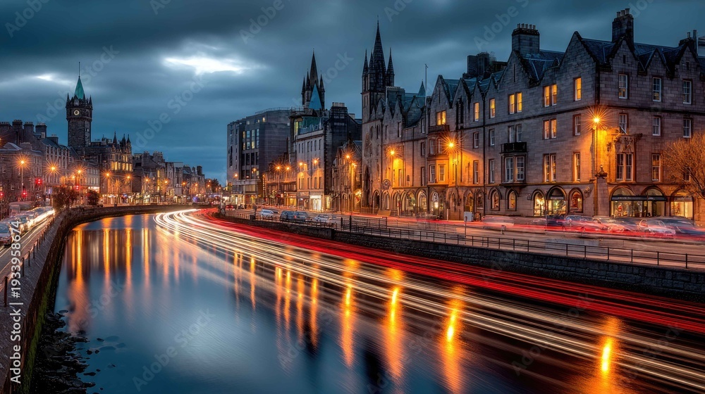 Fototapeta premium Nighttime Urban Landscape with River and City Lights Reflections