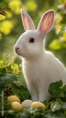 Wallpaper Mural Adorable White Rabbit Sitting Among Colorful Easter Eggs in Lush Greenery Torontodigital.ca