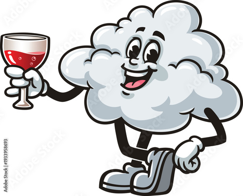 Cloud mascot cartoon holding a glass of wine