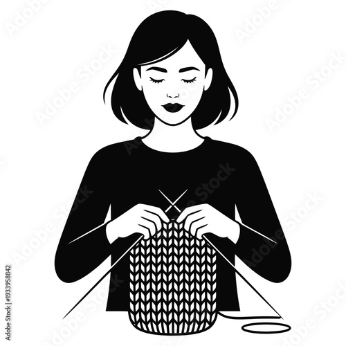 Black silhouette of woman knitting with needles and wool creating warm textile fabric with peaceful closed eyes and short bob haircut symbolizing relaxation and hobby