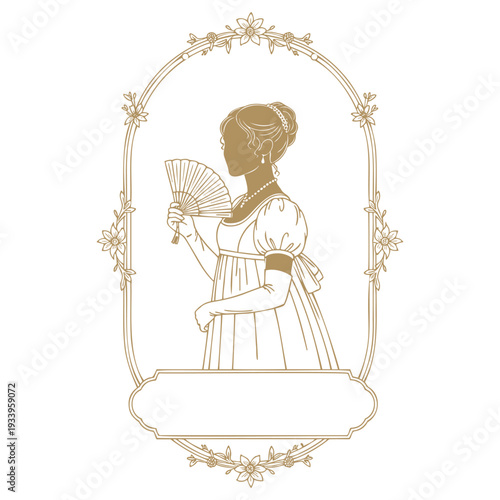 Elegant regency era woman silhouette with a fan in floral arch frame, vintage victorian style design with decorative label
