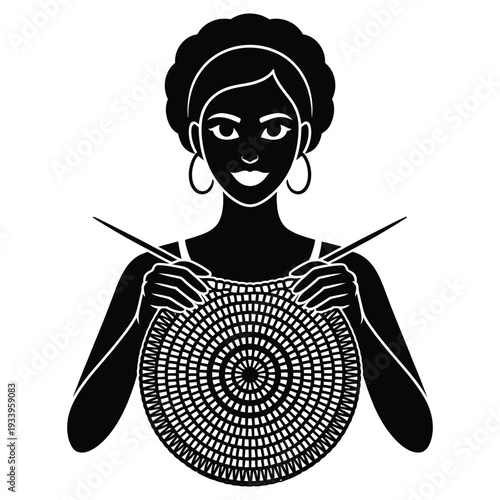 Silhouette black woman knitting yarn circle. african american female knitter holding needles, creating handmade textile. hobby craft art
