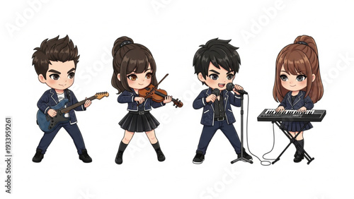 Chibi Cartoon Music Band Performing Instruments