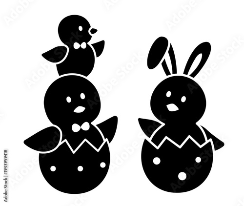 Set of Easter chick sitting in an eggshell silhouette.
Easter chick with bunny ears silhouette set.
Farm baby chicks wearing rabbit ears vector.
Transparent background. SVG.