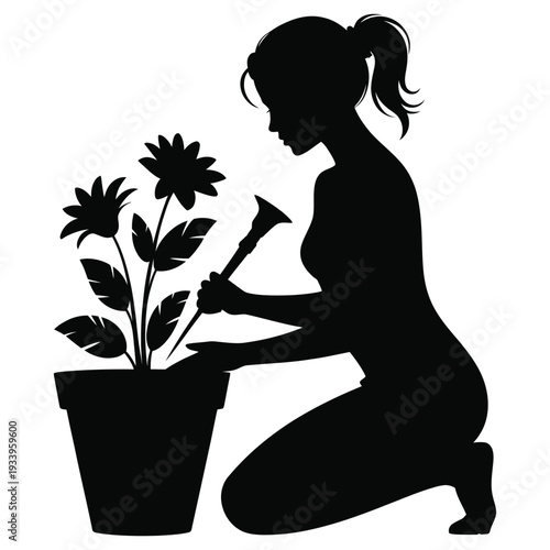 Silhouette woman kneeling, tending to potted plant. female gardener caring for flowers, engaging in hobby activity. black image