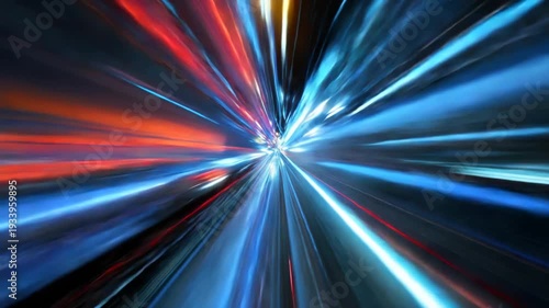 Science fiction light tunnel with blue beams red beams white beams radiating from a bright center fast moving toward the viewer creating a warp speed visual