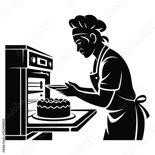 Woman chef baking cake in oven, silhouette of baker preparing sweet dessert, professional confectioner putting pan in hot stove at kitchen