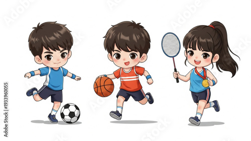 Ilustrasi Anak Bermain Olahraga: Sepak Bola, Bola Basket, Bulutangkis