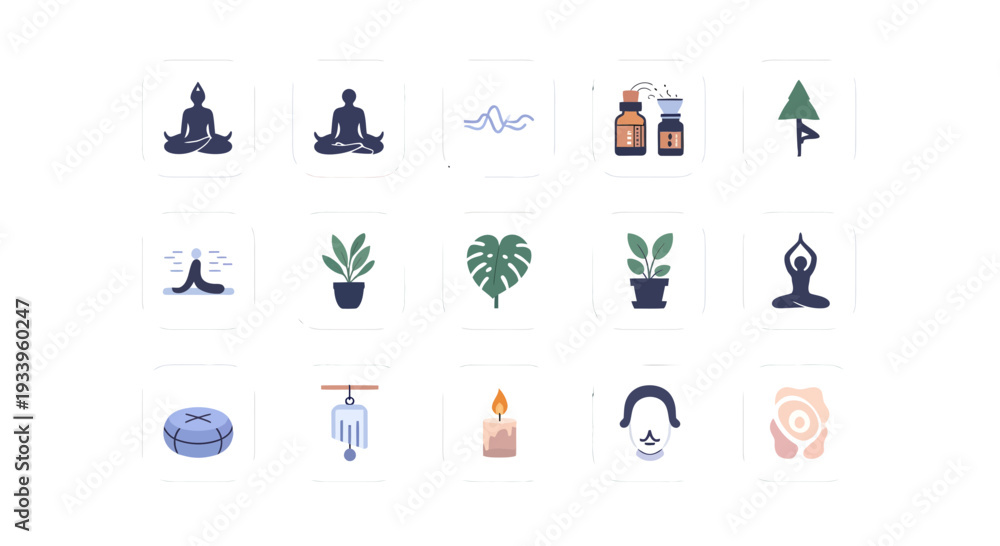 Fototapeta premium Mindfulness and Meditation Icon Set: Mental Wellness, Yoga, and Zen Lifestyle Vector Illustration