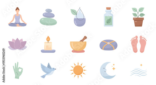 Set of Wellness and Meditation Icons for Spa, Yoga, and Mental Health Concept