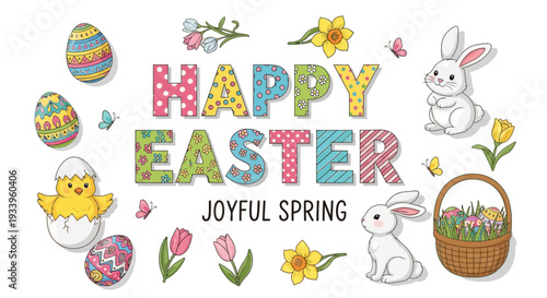 Vibrant Easter illustration with bunnies, eggs, and flowers in joyful spring scene