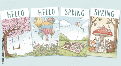 Spring greeting cards with hello and spring messages, featuring balloons, kites, and picnic scenes in a serene landscape, illustrated from a frontal viewpoint as seen in image (66).ai